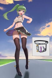 ball_gag blue_eyes blush blushing blushing_at_viewer blushing_female chastity chastity_belt chastity_device choker crop_top dildo dildo_in_ass dildo_in_pussy dildo_insertion female female_chastity female_focus female_only femsub gag gagged gagged_female green_hair haimei1980 heat high_heels hot nipples_visible_through_clothing original original_character outdoors outside padlock ponytail pussy_juice pussy_juice_drip road skirt solo solo_female solo_focus stockings submissive submissive_female sweat sweatdrop sweating thighhighs