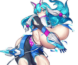 armor big_breasts blue_eyes blue_hair bouncing_breasts cleavage covering_nipples curvy embarrassed huge_breasts long_hair melon22 muscular_female muscular_thighs original pale-skinned_female pale_skin ripped_clothing ripped_clothing thick_thighs weapon