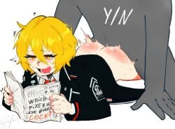 1boy 1girls ass blonde_hair blush bottomless don_quixote_(limbus_company) limbus_company open_mouth partially_clothed project_moon rafa_on_da_webz reading sex short_hair smile sweat thick_thighs yellow_eyes