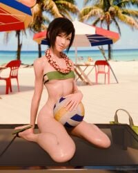 3d bahamut0 beach bikini bikini_top black_hair blender bottomless chair chocobo covering covering_crotch drink final_fantasy_vii final_fantasy_vii_remake legs lei looking_at_viewer ocean palm_tree petite sand shiny_skin short_hair sitting small_breasts smaller_female smile surfboard thighs underboob volleyball waist yuffie_kisaragi