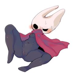 blush bodily_fluids breasts cape cloak female genitals hollow_knight hornet_(hollow_knight) humanoid lying mostly_nude navel nipples on_back pussy red_cape simple_background small_breasts solo spread_legs spreading star-rod sweat sweatdrop team_cherry video_games white_background