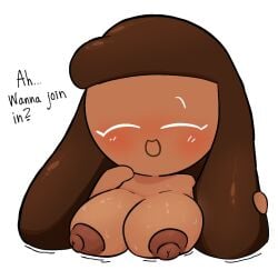 1girls blush breasts breasts_out cocoa_cookie completely_nude_female cookie_run cookie_run_kingdom cookie_run_ovenbreak dark-skinned_female dialogue eyes_closed female_focus female_only hand_on_face hand_on_hair inviting large_breasts sweat sweaty_breasts tagme_(artist) talking_to_viewer