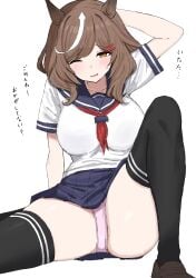 1girls blush fell_down japanese_text kumiyabe matikane_tannhauser_(umamusume) panties sailor_collar sailor_uniform school_uniform shoes skin skirt sweatdrop thighhighs thighs umamusume