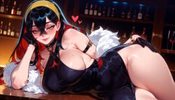1girl 1girls ai_generated alcohol alternate_costume arm_strap armband balecxi bar_(place) bare_shoulders black_dress black_gloves black_hair blush bottle breasts carmine_(pokemon) choker cleavage closed_mouth clothing colored_inner_hair crossed_bangs cup curvaceous curvaceous_female curvaceous_figure curvy curvy_figure dress drinking_glass female female_focus gloves gold_hairband hair_between_eyes hairband half_gloves halter_dress halterneck head_rest indoors inviting inviting_to_sex large_breasts lips long_hair looking_at_viewer lying mole mole_under_eye multicolored_hair on_side pokemon pokemon_sv presenting presenting_ass presenting_breasts presenting_hindquarters presenting_pussy presenting_self red_hair seductive seductive_look seductive_smile side_slit sideboob smile solo thighs two-tone_hair voluptuous voluptuous_female yellow_eyes yellow_hairband