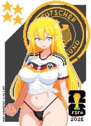 2026 adidas angry bikini bikini_bottom black_hair blonde blonde_female blonde_hair blue_eyes breasts brown_eyes fifa fifa_soccer fifa_world_cup_trophy fisting flag germany germany_(countryhumans) large_breasts large_hair lips lipstick logo micro_bikini original original_character paradigma7 pink_lipstick pixel_art shirt smile thick_thighs thigh white_shirt