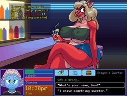 2018 4:3 alcohol anthro bandeau bar beverage big_breasts blonde_hair blue_body blue_scales bottomwear breasts cleavage clothed clothing curvy_figure dating_sim dialogue digital_media_(artwork) dragon english_text female green_eyes hair huge_breasts huge_thighs male nipple_outline non-mammal_breasts parody red_eyes scales scalie shirt simple_background sitting skirt slightly_chubby text thick_thighs topwear vdisco video_games voluptuous white_hair zak_(mirroidal)