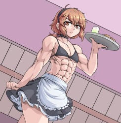 1boy 1femboy abs dish femboy glass maid male muscular muscular_femboy muscular_male orange_eyes orange_hair pectorals sheepapp