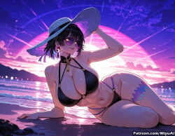 1girl ai_assisted ai_generated bare_shoulders barefoot beach bikini black_bikini breasts cleavage collarbone curvaceous curvy curvy_female curvy_figure eyepatch female hat jewelry large_breasts looking_at_viewer lying miyuai multi-strapped_bikini navel o-ring o-ring_bikini on_side open_mouth purple_eyes purple_hair rover_(wuthering_waves) short_hair sky smile solo stomach sun_hat sunglasses swimsuit thick thick_ass thick_butt thick_hips thick_legs thick_thighs thighs voluptuous voluptuous_female wide_hips wide_thighs wuthering_waves