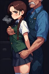 age_difference ai_assisted ai_generated amber_eyes annoyed annoyed_expression arched_back beauty_mark braided_hair breast_grab breast_squeeze brown_hair dim_lighting fully_clothed green_vest groping groping_breasts groping_from_behind janitor mole mole_under_eye old_male old_man older_male original_character perchance_ai pleated_skirt school_uniform schoolgirl schoolgirl_uniform side_view socks twin_braids visible_breath white_shirt white_socks