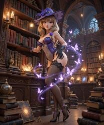 ai ai_art ai_assisted ai_generated aspen_(artist) black_shoes bodysuit book brown_hair butterfly female female_only full_body genshin_impact gloves green_eyes hat library light_brown_hair light_skin lingerie lisa_(genshin_impact) long_hair looking_at_viewer magic magical_girl necklace night purple_lingerie rose_(flower) slim slim_female slim_waist slime_girl standing stockings witch_hat