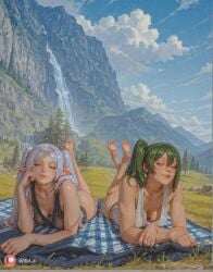 ai_generated aisinful ass barefoot beach big_ass big_boobs big_butt blue_sky blush breasts butt cleavage cloud cloudy_sky day elf feet_up female fern_(sousou_no_frieren) forest frieren green_eyes green_hair head_rest hi_res horizon large_breasts lying medium_breasts mountain multiple_girls ocean on_stomach outdoors pointy_ears ponytail sky smile sousou_no_frieren swimsuit the_pose thick_thighs ubel_(sousou_no_frieren) wide_hips