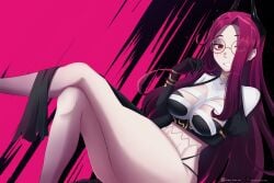1girl absurdres black_horns breasts cleavage colored_skin crossed_legs extra_mouth freckles giwi_(vtuber) glasses grey_skin grin hair_over_one_eye highres horns indie_virtual_youtuber large_breasts legs long_hair looking_at_viewer monster_girl purple_hair red_eyes round_eyewear simple_background sitting smile stomach_mouth thick_thighs thighs virtual_youtuber