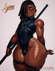african_male ai_generated ass ass_focus back_view beautiful_face big_ass bodysuit curvy dark_eyes dark_hair dark_skinned_femboy dreadlocks femboy gold_earrings gold_jewelry half harness huge_ass huge_ass_(male) latex_clothing leotard looking_at_viewer mohawk mohawk_(hairstyle) necklace noctzurn staff stretch_marks thick_body