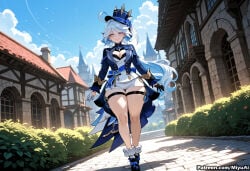 1girl ahoge ai_assisted ai_generated blue_eyes blue_hair breasts building cleavage cleavage_cutout cloud curvaceous curvy curvy_female curvy_figure day dress eyebrows_visible_through_hair female flower furina_(genshin_impact) genshin_impact gloves hair_between_eyes hair_ornament large_breasts long_hair long_sleeves looking_at_viewer medium_breasts miyuai outdoors sky smile solo standing thick thick_ass thick_butt thick_hips thick_legs thick_thighs thigh_strap underwear very_long_hair voluptuous voluptuous_female watermark wide_hips wide_thighs