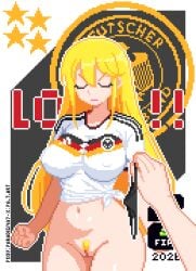 2026 adidas angry bikini bikini_bottom black_hair blonde blonde_female blonde_hair blue_eyes breasts brown_eyes closed_eyes fifa fifa_soccer fifa_world_cup_trophy fisting flag germany holding_panties large_breasts large_hair lips lipstick logo micro_bikini nude original original_character paradigma7 pink_lipstick pink_pussy pixel_art pussy shirt smile thick_thighs thigh white_shirt