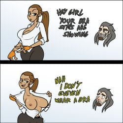 big_breasts boobs brown_hair drunken_tales flashing green_eyes kayra_(drunken_tales) korrel_(drunken_tales) lord_sarloc meme pukijr school_uniform tits topless