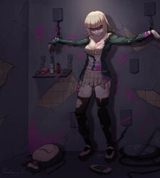 abused backpack backpack_removed bag bangs bare_shoulders black_legwear blindfold blonde_hair blood blood_on_wall bloody_clothes bondage bra breasts brown_skirt candle chained_ankles chained_to_wall chained_up chained_wrists chains cleavage collarbone commentary_request cuts danganronpa danganronpa_(series) danganronpa_2:_goodbye_despair dress_shirt egg_vibrator female forced gag green_jacket handheld_game_console hands_up highres improvised_gag indoors injury jacket kaer_sasi_dianxia knife light_brown_hair mary_janes medium_breasts medium_hair nanami_chiaki object_insertion open_clothes open_jacket pink_blood pleated_skirt pussy rape remote_control_vibrator restrained school_uniform sex_toy shirt shoes shorts signature skirt smooth_skin solo standing super_danganronpa_2 sweat tape tape_gag torn_clothes torn_clothing torn_jacket torn_legwear torn_skirt torn_stockings underwear vaginal_object_insertion vaginal_penetration vibrator white_bra