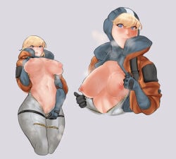 apex_legends blonde blonde_female blonde_hair blue_eyes bodysuit breasts cageman hood hood_up looking_down looking_over partially_clothed partially_naked partially_nude pulling_clothes sweat sweat_clouds sweat_covered sweaty sweaty_breasts tagme unzipped unzipped_bodysuit wattson wattson_(apex_legends)