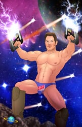 1boy abs armpits biceps bulge green_eyes guardians_of_the_galaxy male_only marvel moustache muscular nude pecs peter_quill starlord thong