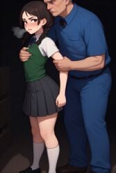 age_difference ai_assisted ai_generated amber_eyes annoyed annoyed_expression arched_back beauty_mark braided_hair breast_grab breast_squeeze brown_hair dim_lighting fully_clothed green_vest groping groping_breasts groping_from_behind janitor mole mole_under_eye old_male old_man older_male original_character perchance_ai pleated_skirt school_uniform schoolgirl schoolgirl_uniform side_view socks twin_braids visible_breath white_shirt white_socks