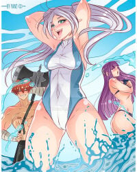2girls1boy beach elf_ears elf_female fern_(sousou_no_frieren) frieren frieren_beyond_journey's_end pawzncupz purple_hair red_hair sousou_no_frieren stark_(sousou_no_frieren) white_hair
