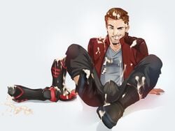 1boy blue_eyes bulge clothed cum facial guardians_of_the_galaxy male_only marvel peter_quill red_hair starlord