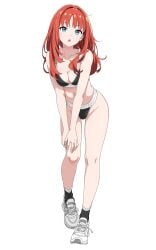 1girl :o absurd_res alternate_costume alternate_hairstyle aqua_eyes black_bra black_panties black_socks bra breasts calvin_klein cleavage clip_studio_paint_(medium) clothes_writing collarbone female female_only full_body genshin_impact hair_down hands_on_own_knees high_resolution ir_who leaning_forward long_hair looking_at_viewer medium_breasts nilou_(genshin_impact) open_mouth panties product_placement red_hair shoes sneakers socks solo underwear underwear_only underwear_writing white_background white_shoes