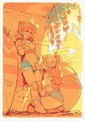 2girls bow breasts clothes_lift cropped_jacket erection fellatio female_pubic_hair futa_with_female futanari hair_bow highres large_breasts mario_(series) mario_kart mario_kart_world multiple_girls nipples oral penis ponytail princess_daisy princess_daisy_(touring) princess_peach princess_peach_(touring) pubic_hair public_indecency shirt_lift short_shorts shorts vase winton_kidd