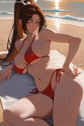 1girl ai_generated bare_shoulders beach beach_towel bikini breasts brown_eyes brown_hair cleavage collarbone fatal_fury halterneck hand_on_hip hi_res high_quality high_resolution large_breasts long_hair looking_at_viewer lying mai_shiranui navel ocean on_side outdoors patreon ponytail red_bikini sand seductive sexy shiranui_mai shore side-tie_bikini smile solo stomach string_bikini swimsuit thighs towel uncensored water watermark