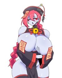 1girl bell big_breasts breast_out embarrassed female_focus female_only grabbing_own_breast hat jiangshi_(mannungei) mannungei red_hair revealing_clothes stitches thick_thighs
