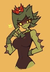 cactus_girl clothed clothed_female female flower flower_in_hair gloves green_body green_hair green_skin leotard looking_at_viewer monster monster_girl notyoursagittarius plant plant_girl plant_humanoid plant_monster ponytail sharp_teeth smile smiley_face smiling spiked_clothing spikes spikes_(anatomy) swimsuit yellow_eyes