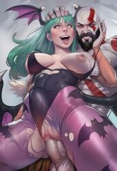 1boy 1girls ahe_gao ai_generated balls bat_wings blue_hair darkstalkers demon_girl facepaint female from_behind_position god_of_war kratos male male/female morrigan_aensland muscles muscular muscular_male penis straight succubus torn_clothes vagina vaginal_penetration wardrobe_malfunction
