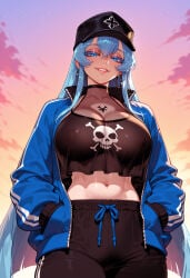 1girl 1girls abs ai_generated akame_ga_kill! balecxi baseball_cap black_choker black_headwear black_pants blue_eyes blue_hair blue_jacket breasts chest_tattoo choker cleavage clothing cloud collarbone cowboy_shot crop_top crop_top_overhang curvaceous curvaceous_female curvaceous_figure curvy curvy_figure dusk earrings esdeath esdeath_(akame_ga_kill!) female female_focus grin hair_between_eyes hands_in_pockets hat jacket jewelry large_breasts long_hair looking_at_viewer makeup midriff navel open_clothes open_jacket outdoors pants parted_lips skull_and_crossbones skull_print sky smile solo sunset tattoo track_jacket track_pants track_suit very_long_hair voluptuous voluptuous_female yoga_pants