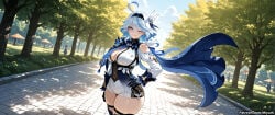 1girl ahoge ai_assisted ai_generated black_legwear blue_eyes blue_hair blue_neckwear breasts bush cape curvaceous curvy curvy_female curvy_figure day female furina_(genshin_impact) genshin_impact gloves hair_ornament hairband large_breasts looking_at_viewer mask miyuai outdoors panties short_hair silver_hair smile solo thick thick_ass thick_butt thick_hips thick_legs thick_thighs thighhighs tree underwear voluptuous voluptuous_female wide_hips wide_thighs