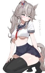 1girls blush crop_top japanese_text kneeling kumiyabe sailor_collar school_uniform skirt solo sweat thighhighs umamusume wonder_acute_(umamusume)