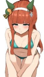 1girls bikini blush kneeling kumiyabe looking_at_viewer on_knees silence_suzuka_(umamusume) smile solo umamusume