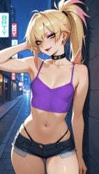 1girls ai_generated arm_behind_head arm_up armpits athletic athletic_female blonde blonde_female blonde_hair blonde_hair_female bratty choker city city_background clothed clothed_female clothing commentary_request crop_top female female_focus flat_belly flat_chest flat_chested gradient_hair green_eyes hair hotpants jeans_shorts lia_the_busty_redhead midriff multicolored_hair night nipple_bulge nipples nipples_visible_through_clothing original original_character outdoors outside petite petite_body petite_female pink_hair_tips ponytail seductive seductive_look seductive_smile self_upload shorts slutty_female small_breasts smile smiling smiling_at_viewer solo_female spaghetti_strap standing tagme tank_top thighs thong thong_straps tight_clothing