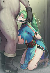 1girls bare_legs blue_dress bondage boots bound bound_arms breasts breasts_out captured cum cum_in_mouth cum_in_throat deepthroat dress ejaculation exposed_breasts fat_man female fire_emblem fire_emblem:_the_blazing_blade gag gloves green_eyes green_hair highres irrumatio jonylaser kneeling large_breasts long_hair lyn_(fire_emblem) lyndis_(fire_emblem) male nintendo open_mouth open_mouth_gag oral pelvic_curtain penis ponytail rape ring_gag tears torn_clothes