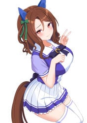 1girls artist_request breasts brown_hair ear_covers horse_ears horse_girl king_halo_(umamusume) large_breasts long_hair looking_at_viewer pleated_skirt red_eyes simple_background smile solo tracen_school_uniform umamusume umamusume_pretty_derby white_background white_skirt white_thighhighs