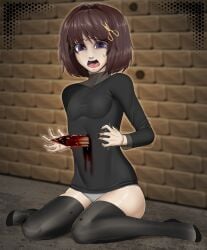 blood blood_drip brown_hair damsel_in_distress defeated defeated_heroine did flat_breasts flat_chest flat_chested heroine_in_trouble pierced_through_clothes purple_eyes riza_henderson scared scared_expression scared_face small_breasts solo_female solo_focus trap trapped_in_clothing