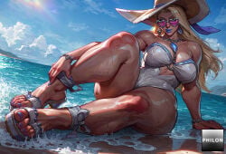 1girls ai_generated arm_support bare_shoulders beach blonde_hair blue-tinted_eyewear blue_eyes blue_lips blue_nails blue_sky bracelet breasts casual_one-piece_swimsuit cleavage cloud day earrings emma_frost feet fingernails full_body hat heart heart-shaped_eyewear jewelry large_breasts legs lips lipstick long_hair looking_at_viewer looking_over_eyewear makeup marvel marvel_rivals mole muscular muscular_female nail_polish necklace o-ring ocean one-piece_swimsuit outdoors philon pink-tinted_eyewear purple_lips sandals sitting sky smile solo stable_diffusion sun_hat sunglasses swimsuit thick_thighs thighs tinted_eyewear toenail_polish toenails toes water wet white_one-piece_swimsuit