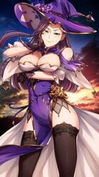 1girls absurdres alternate_version_available bare_thighs big_breasts breasts cleavage cluseller commission cosplay female fire_emblem fire_emblem_echoes:_shadows_of_valentia fire_emblem_gaiden genshin_impact gloves hat highres huge_filesize large_breasts lisa_(genshin_impact) lisa_(genshin_impact)_(cosplay) long_hair looking_at_viewer nintendo purple_hair skeb_commission smirk solo_female sonya_(fire_emblem) thighhighs thighs witch_hat