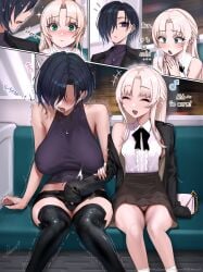 1boy 1futa blonde_hair embarrassed english_text femboy futanari hands_down_pants huge_breasts ikemeru19 intersex long_hair male open_mouth_smile short_hair small_penis smile touching_penis train