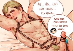 arms_above_head arms_up artist_request attack_on_titan bare_arms bare_chest bare_midriff bare_thighs blonde_hair blonde_pubic_hair bolo_tie bondage erect_penis erection erwin_smith gay levi levi_ackerman lying lying_down lying_on_back male male_only penis_bondage penis_out pubes pubic_hair rope_bondage shingeki_no_kyojin source_request speech_bubble text text_bubble yaoi