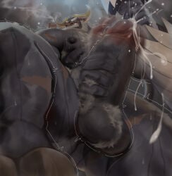 ahab_(tokyo_afterschool_summoners) anthro balls bara barazoku beard big_muscles big_penis boner buffalo chest_hair dsharp_k erection facial_hair furry horns male male_only masturbation moustache muscles muscular musk nude penis solo solo_male sweat sweating tokyo_afterschool_summoners true_buffalo water_buffalo