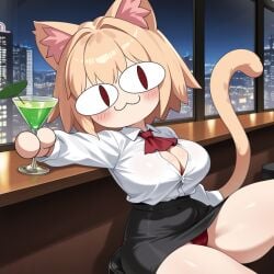 1girl 1girls :3 ai_generated bar_counter barstool big_breasts black_skirt blonde_female blonde_hair blush cat_ears cat_tail catgirl chibi city cityscape cleavage drinking drunk fancy holding_object leaning_back looking_at_viewer martini neco-arc night night_sky red_ascot red_panties sitting thick_thighs white_blouse white_skin