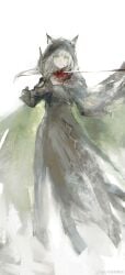 1girl animal_ears arknights attack_trail black_cape black_robe blood_from_neck cape cat_ears cat_girl commentary dying ears_through_headwear floating_hair green_cape green_eyes highres hongqiqiuqiu hood hood_up hooded_cape kal'tsit_(arknights) kal'tsit_(boss)_(arknights) robe slashing third-party_source two-sided_cape two-sided_fabric watermark weibo_watermark white_background white_hair wide-eyed