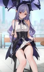 1girl absurd_res ahoge bare_legs bare_shoulders black_nails black_panties blurry blurry_background bow bowtie breasts closed_mouth clothes clothes_lift day drill_hair feet_out_of_frame female female_only frilled_shirt frills headdress high_resolution highres holding holding_object holding_umbrella ir_who lifting_own_clothes light_smile long_hair looking_at_viewer medium_breasts mole mole_under_eye multicolored_hair nail_polish outdoors panties pointy_ears purple_hair red_eyes shirt sitting sitting_on_chair skirt skirt_lift sleeveless sleeveless_shirt solo streaked_hair string_panties thighs umbrella underbust underwear very_long_hair vivian_(zenless_zone_zero) vivian_banshee white_shirt white_skirt zenless_zone_zero