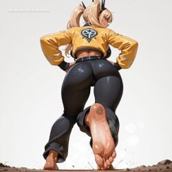 1girl ai_assisted ai_generated back_view barefeet belt big_feet black_pants blonde_hair blue_eyes dark_skin dirty_feet from_behind from_below full_body hands_on_hips large_breasts long_sleeves long_toes looking_at_viewer looking_behind marvel_rivals navel plain_background presenting_foot seductive_smile sole_focus solo standing standing_on_one_leg stinky_feet sweaty_feet twintails upper_body white_background yellow_jacket