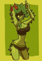 cactus_girl clothed clothed_female female flower flower_in_hair gloves green_body green_hair green_skin leotard looking_at_viewer monster monster_girl notyoursagittarius plant plant_girl plant_humanoid plant_monster ponytail sharp_teeth smile smiley_face smiling spiked_clothing spikes spikes_(anatomy) swimsuit yellow_eyes